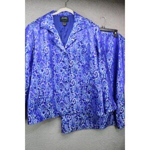 Ashro Satin Paisley Royal Blue 3-Button Skirt Suit-Size 24-Satiny-Lined